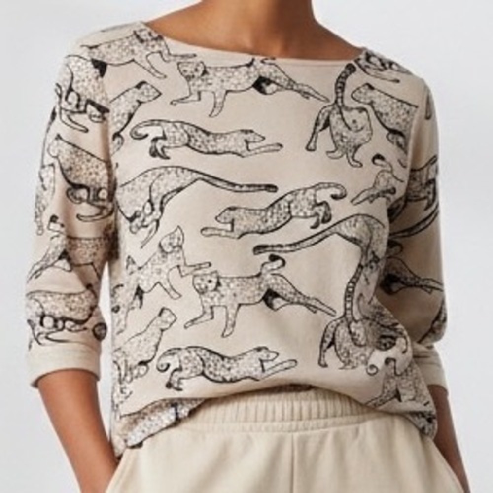 HM Womens Cheetah Print Boat Neck Top Tan‎ Black 3/4 Sleeve Boxy Small safari